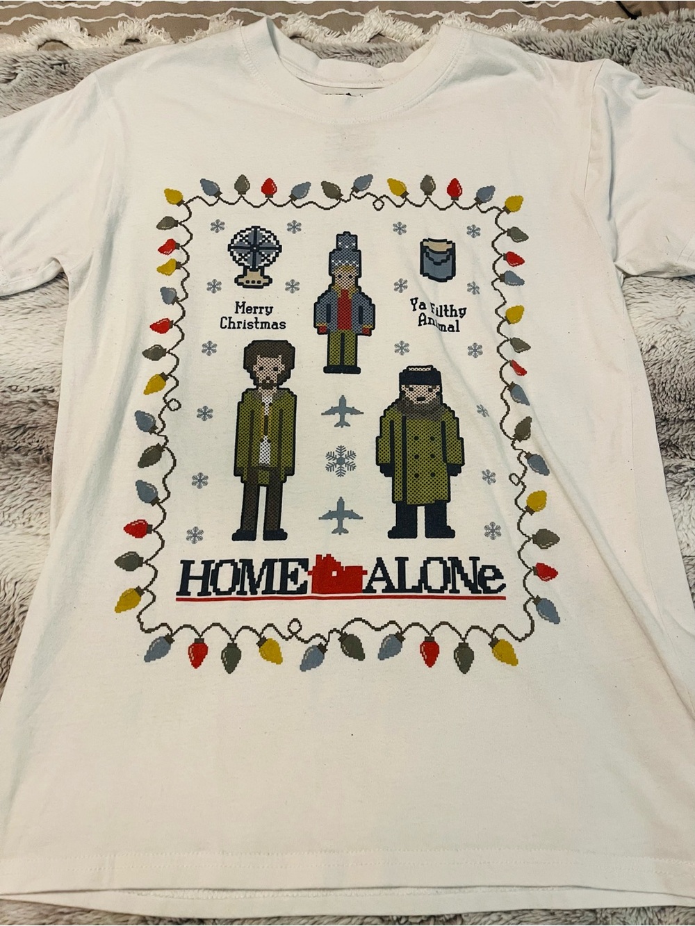 Source Unknown White Home Alone Pixel-Art Holiday Tee